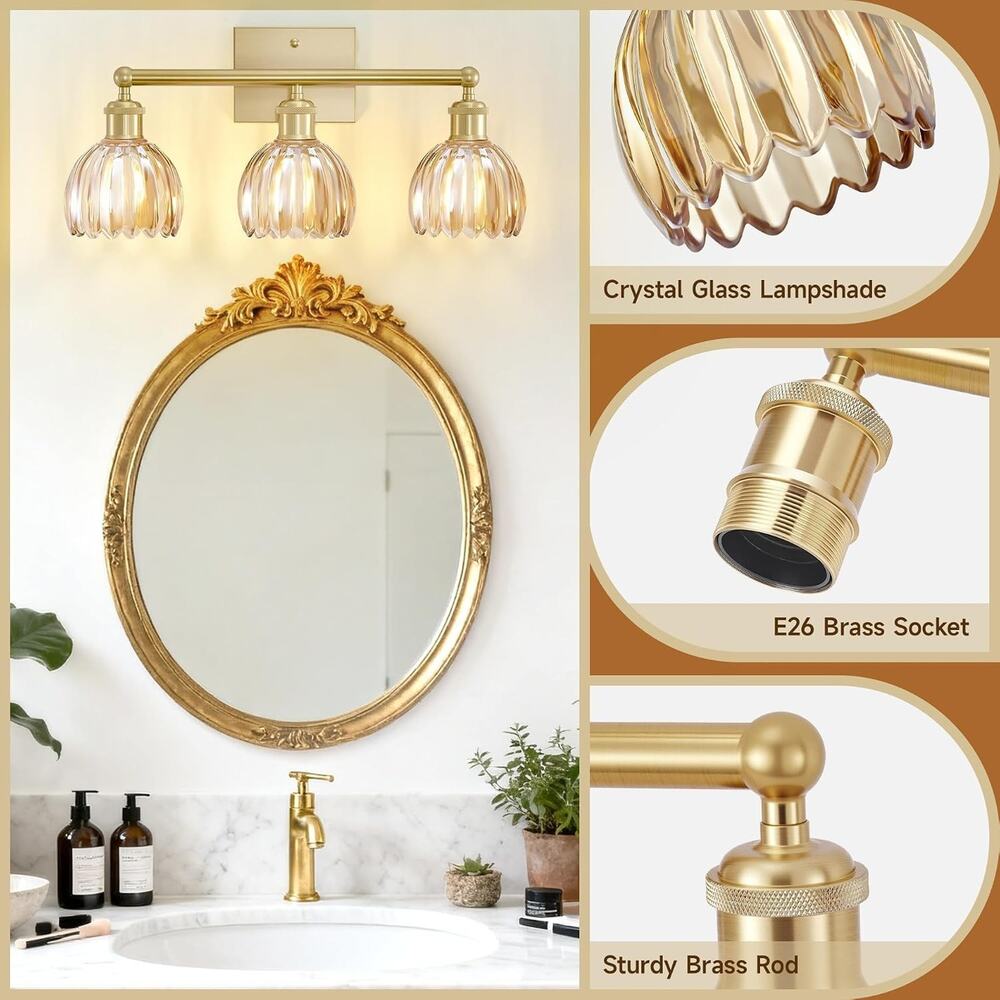 20" 3-Light Brushed Brass Bathroom Vanity Light with Amber Glass Shades - Picture 4 of 6